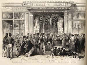 बैरियर डे फॉनटेनब्लियू (पेरिस) में घोड़े कसाई की दुकान 1866 में खोली गई - कसाई चेवलिन - बाउचरी मीट डे शेवाल बुलेवार्ड इटली, बैरियर डे फॉनटेनब्लियू के पास 1866) "ले मोंडे इलस्ट्रियस" डी 1866 में उत्कीर्णन द्वारा फ्रेंच स्कूल
