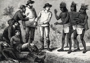 पेरू के निवासी सिनकोना (उत्कीर्णन) 1888 . के साथ मलेरिया से पीड़ित औपनिवेशिक यूरोपीय लोगों की मदद करते हैं द्वारा फ्रेंच स्कूल