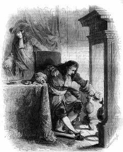 नाटककार जीन गैल्बर्ट डी कैमिस्ट्रॉन (1656-1723) ने ड्यूक लुई जोसेफ डी वेंडोम (1654-1712) के साथ पत्राचार किया। 1856 से उत्कीर्णन। द्वारा फ्रेंच स्कूल