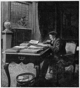 नाटककार विक्टोरियन सरदौ (1831-1908) अपने कार्यालय में। 2 जनवरी के "ला गजेट डू डिमांचे" में उत्कीर्णन द्वारा फ्रेंच स्कूल
