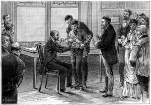 लुई पाश्चर (1822-1895) की प्रयोगशाला में रेबीज के टीके का संचालन, सी. गिल्बर्ट डी'एप्रेस नेचर द्वारा तैयार किया गया। "" प्रकृति में उत्कीर्णन। जर्नल ऑफ़ साइंस एंड इट्स एप्लीकेशन्स टू आर्ट्स एंड इंडस्ट्री ” द्वारा फ्रेंच स्कूल