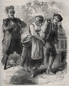 मार्टिन ग्युरे की वापसी (लगभग १५२४ के आसपास १५६०): वह अपनी पत्नी, बर्ट्रेंडे डी रोल्स, और जिसने अपनी पहचान हड़प ली थी, के सामने पेश हुए, धोखेबाज अरनौद डू टिल (थिल)। हेनरी डी कॉक (1819) द्वारा "हिस्टोइरे डेस कोकस सेलेब्स" में 1871 से उत्कीर्ण द्वारा फ्रेंच स्कूल