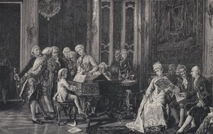 लन्दन में किंग जॉर्ज III, 1764 से पहले सात वर्षीय वोल्फगैंग अमेडस मोजार्ट खेल रहे थे द्वारा फ्रेंच स्कूल