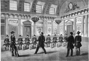 नेपोलियन III के बेटे, प्रिंस इंपीरियल (1856-1879), अपने पिता सम्राट नेपोलियन III (1808-1873) से पहले, कॉम्पिएग्ने के महल के गार्ड रूम में, गार्ड के वार्डों के साथ हथियारों का अभ्यास करते हुए। 19 दिसंबर . के n°349 "" Le Monde Illustré""  द्वारा फ्रेंच स्कूल