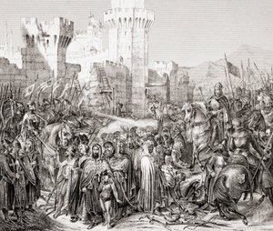 स्ट्रासबर्ग c.1860 (उत्कीर्णन) में प्रकाशित L'Histoire Universale Ancienne et Moderne से, तीसरे धर्मयुद्ध के दौरान, फिलिप ऑगस्टस नामक फ्रांस के फिलिप द्वितीय को एकर का आत्मसमर्पण (उत्कीर्णन) द्वारा फ्रेंच स्कूल