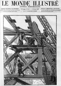 1889 की विश्व प्रदर्शनी के लिए एफिल टॉवर का काम, श्रमिक जमीन से पचास मीटर ऊपर हैं। 1888 के "द इलस्ट्रियस वर्ल्ड" में। द्वारा फ्रेंच स्कूल