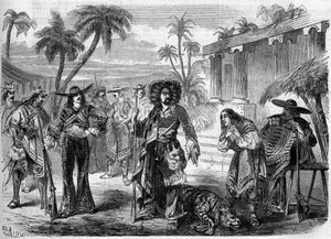 ऑगस्टे एनीसेट बुर्जुआ (1806-1871) और फर्डिनेंड डुग्यू द्वारा "" लेस पाइरेट्स डे ला सावेन "" (पहला अधिनियम, तीसरा पेंटिंग) का नाटकीय प्रतिनिधित्व। पेरिस, थिएटर डे ला गैते द्वारा फ्रेंच स्कूल