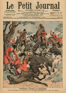 दुखद सूअर का शिकार, कार्लोस I, पुर्तगाल के राजा का घोड़ा, उसके नीचे मारा जाता है, &39;ले पेटिट जर्नल&39; से सामने कवर चित्रण, पूरक चित्र, 23 दिसंबर 1906