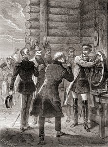ज़ार निकोलस I ने 1833 में मॉस्को और वारसॉ के बीच सेमाफोर टेलीग्राफ लाइन का उद्घाटन करते हुए, लेस मर्वेल्स डे ला साइंस से क्लाउड चैप्पे के सेमाफोर सिस्टम के संशोधन का उपयोग करते हुए, c.1870 (उत्कीर्णन) प्रकाशित किया। द्वारा फ्रेंच स्कूल