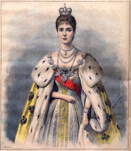 रूस की ज़ारिना एलेक्जेंड्रा अपने राज्याभिषेक में - पवित्र की पोशाक में ज़ारिना एलेक्जेंड्रा फियोडोरोवना। ले पेटिट जर्नल के लिए चित्रण, २४ मई १८९६ (उत्कीर्णन) द्वारा फ्रेंच स्कूल
