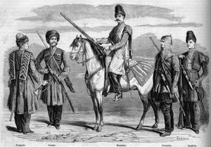 रूस के सम्राट के विशेष अनुरक्षण के प्रकार और वर्दी। बाएं से दाएं: तुरही, कोसैक, मुस्लिम, सर्कसियन और लेस्घियन। 17 मार्च 1860 के "" ले मोंडे इलस्ट्रे"" एन °153 में उत्कीर्णन। द्वारा फ्रेंच स्कूल