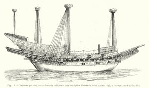 वेसल बेयरिंग, इसकी निचली बैटरी पर, एक फ्लेमिश शिलालेख, दिनांक 1523 के साथ, मैड्रिड के अर्मेरिया रियल में (उत्कीर्णन) द्वारा फ्रेंच स्कूल