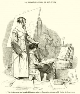 वैन-डिक अपनी मां से एक ड्राइंग सबक प्राप्त करते हुए (उत्कीर्णन) द्वारा फ्रेंच स्कूल