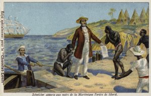 मार्टीनिक के गुलामों के लिए अपनी आजादी की खबर लाने वाले विक्टर शॉलेचर, c1848 द्वारा फ्रेंच स्कूल
