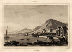 पलेर्मो, सिसिली का दृश्य, स्टोरेली द्वारा उत्कीर्ण, "" सुरम्य इटली "में, एम्बल कोस्टे संपादक द्वारा फ्रेंच स्कूल