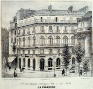 Maison Doree (या Maison d'Or) बुलेवार्ड डेस इटालियंस का दृश्य वास्तुकार विक्टर लेमेयर द्वारा महसूस किया गया, जिन्होंने बालकनियों और बे के फ्रेम को गिल्ड करने की कल्पना की कल्पना की, इसलिए पेरिस की इमारत का नाम। १८३९ से उत्कीर्णन। पेरिस, दे द्वारा फ्रेंच स्कूल