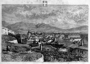 सेवॉय में चेम्बरी शहर का दृश्य। 1880 से "ला रिपब्लिक इलस्ट्री" निजी संग्रह में उत्कीर्णन। द्वारा फ्रेंच स्कूल