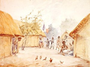 1895-96 में फ्रांस द्वारा अपनी विजय के समय मेडागास्कर का गाँव (कागज पर जल रंग) द्वारा फ्रेंच स्कूल
