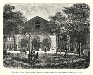 Hotel de Cluny (उत्कीर्णन) के बगीचों में लिया गया, Palais des Thermes de Paris का दृश्य द्वारा फ्रेंच स्कूल
