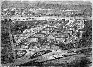 1863 में नैनटेस में होटल डीयू (होटल-डीयू) का बाहरी दृश्य उद्घाटन किया गया। 1943 में एक बमबारी के दौरान यह अस्पताल लगभग पूरी तरह से नष्ट हो गया था। लॉयर अटलांटिक (44)। 5 दिसंबर, 1863 के "" ले मोंडे इलस्ट्रे "" एन ° 347 में उत्कीर्णन। द्वारा फ्रेंच स्कूल