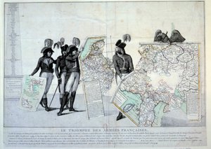 क्रांति के युद्ध: जनरल नेपोलियन बोनापार्ट (1769-1821) फ्रांस द्वारा जीते गए क्षेत्रों की पहेली को पूरा करने के लिए इटली का नक्शा (इतालवी अभियान के समय) पकड़े हुए। बाईं ओर, शायद जनरल होचे, पिचेग्रु और जीन विक्टर (जीन- द्वारा फ्रेंच स्कूल