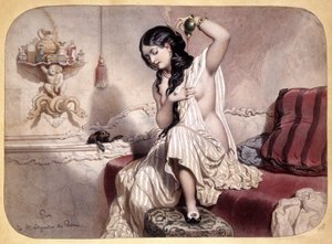 स्नान के बाद परफ्यूमिंग करती महिला - लिथोग्राफी, v.1860 द्वारा फ्रेंच स्कूल