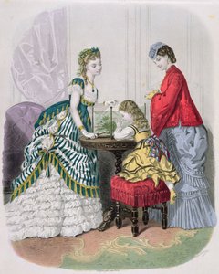 महिलाओं और एक बच्चा, ला मोड इलस्ट्रेशन से एक मछलीघर को देख रहा है, c.1870 द्वारा फ्रेंच स्कूल
