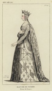 XIV Siecle, Blanche de Navarre, Reine de France (रंगीन उत्कीर्णन) द्वारा फ्रेंच स्कूल
