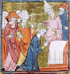 f.106r पोप लियो III (c.750-816) द्वारा सम्राट शारलेमेन (742-814) का राज्याभिषेक सेंट पीटर्स, रोम में 800 में, ग्रैंड्स क्रॉनिकल्स डी फ्रांस, 1375-79 द्वारा फ्रेंच स्कूल