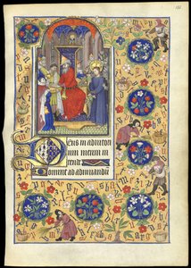 f.135r 'बुक ऑफ आवर्स ऑफ मार्गुराइट डी'ऑरलियन्स' से यीशु के भाग्य से हाथ धोते हुए पीलातुस का लघु चित्र द्वारा फ्रेंच स्कूल