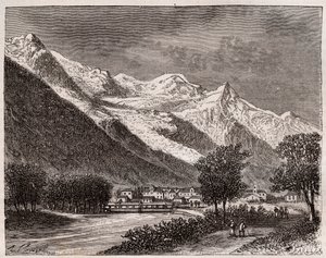 शैमॉनिक्स घाटी और मोंट ब्लैंक - वीए माल्ट-ब्राउन द्वारा "ला फ्रांस चित्रण: भूगोल, इतिहास, सांख्यिकीय प्रशासन" में उत्कीर्णन। 1884 द्वारा फ्रेंच स्कूल