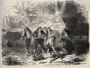 ल्योन मेल पोस्ट अफेयर - अफेयर डू मेल डे ल्योन - मेल ट्रंक पर 28 अप्रैल 1796 को 5 व्यक्तियों द्वारा सीन एट मार्ने में हमला किया गया - आर्मंड फाउक्वियर (1817-18?) 1858 द्वारा "" सभी लोगों के प्रसिद्ध कारण "" में उत्कीर्णन -1867 - निजी संग द्वारा फ्रेंच स्कूल