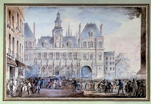 14 जुलाई 1789 को प्लेस डी ग्रीव का दृश्य पेरिस में प्लेस डी ग्रीव (वर्तमान स्थान डे ल'होटल डी विले 14/07/1789 को, 1789 की फ्रांसीसी क्रांति के दौरान बैस्टिल पर कब्जा करने का दिन। बेनामी वॉटरकलर द्वारा फ्रेंच स्कूल