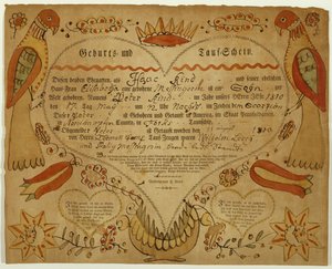 जन्म और बपतिस्मा प्रमाणपत्र, सी। 1790-1800 (ऑक्सगैल स्याही, वॉटरकलर, और रखी कागज पर उत्कीर्णन) द्वारा फ्रेडरिक क्रेब्स