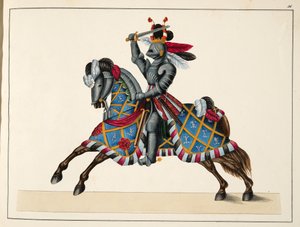 एक टूर्नामेंट में एक शूरवीर, &39;ए हिस्ट्री ऑफ द डेवलपमेंट एंड कस्टम्स ऑफ कस्टम्स ऑफ चिव्री&39;, डॉ। फ्रांज कॉटनकैम्प द्वारा कार्ल हॉफमैन द्वारा प्रकाशित, 1842