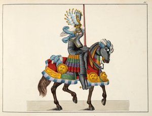 टूर्नामेंट के रास्ते में एक शूरवीर, कार्ल हॉफ़मैन द्वारा 1842 में प्रकाशित डॉ फ्रांज़ कॉटनकैम्प द्वारा &39;ए हिस्ट्री ऑफ द डेवलपमेंट एंड कस्टम्स ऑफ कस्टम्स ऑफ चिव्री&39; से प्लेट द्वारा फ्रेडरिक मार्टिन वॉन रिबिस्क