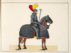 कार्ल हॉफमैन द्वारा 1842 में प्रकाशित डॉ। फ्रांज कोटनकेम्प द्वारा अपने घोड़े पर नाइट, &39;ए हिस्ट्री ऑफ द डेवलपमेंट एंड कस्टम्स ऑफ कस्टम्स ऑफ चिवेरी&39; से प्लेट