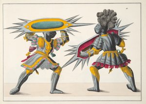 दो शूरवीरों की लड़ाई, &39;ए हिस्ट्री ऑफ द डेवलपमेंट एंड कस्टम्स ऑफ कस्टम्स ऑफ चिवेरी&39;, डॉ। फ्रांज कोटनकैम्प द्वारा, कार्ल हॉफमैन द्वारा प्रकाशित, 1842 में प्लेट द्वारा फ्रेडरिक मार्टिन वॉन रिबिस्क