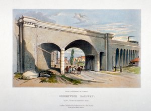 नेकिंगर रोड, बरमोंडे, लंदन, 1836 पर लंदन और ग्रीनविच रेलवे पुल। द्वारा जीएफ ब्रैग