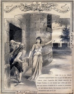 1789: मनुष्य और नागरिक के अधिकारों की घोषणा: ला लिबर्टे। में उत्कीर्णन "नैतिकता और नागरिक शिक्षा की अनूठी पुस्तक, प्राथमिक विद्यालय के तीन पाठ्यक्रमों और लाइसी और कॉलेजों की प्राथमिक कक्षाओं के छात्रों के लिए अभिप्रेत है, द्वितीय पा द्वारा जी। दासचर