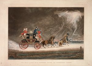 न्यूमार्केट हीथ, सफ़ोक, 1827 में तूफान में मेल कोच। द्वारा जी रीव्स