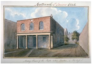 रेडक्रॉस स्ट्रीट, साउथवार्क, लंदन, 1825 में क्वेकर्स मीटिंग हाउस का दृश्य