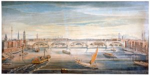 1831 में टेम्स पर नावों और बजरों के साथ पश्चिम से नए लंदन ब्रिज का दृश्य।