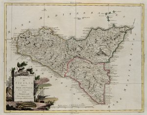 सिसिली के द्वीप, अपनी घाटियों में विभाजित, जी। जुलियानी द्वारा उत्कीर्ण, 1782 में वेनिस में प्रकाशित नवीनतम एटलस के टोम II से लिया गया, एंटोनियो जट्ट, निजी संग्रह द्वारा द्वारा जी। जुलियानी