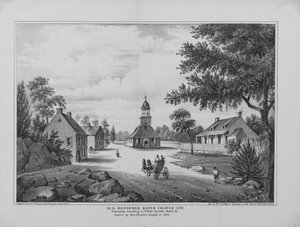 1776 में पुराना सुधारित डच चर्च, 1808 में मिस एलिजाबेथ स्लीट द्वारा खींचा गया, ब्रुकलिन शहर के एच। मैकक्लोस्कीज़ मैनुअल के लिए छपा, 1864 द्वारा हेवर्ड के बाद जी