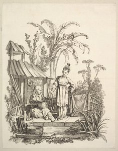 एक बैठा हुआ चीनी आदमी और एक महिला मछली पकड़ना, ca. 1742। द्वारा गेब्रियल ह्यूक्वियर