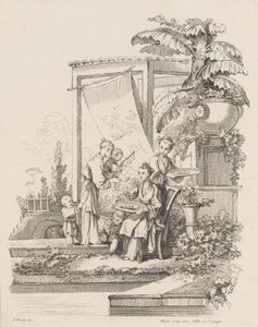 बच्चों और नौकरों के साथ बैठी महिला, सीए। 1738-45। द्वारा गेब्रियल ह्यूक्वियर