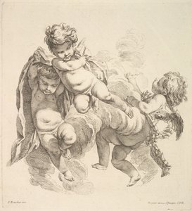 बादलों के बीच तीन बच्चे एक चिलमन लेकर, 1738-45। द्वारा गेब्रियल ह्यूक्वियर