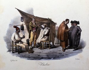 नेपल्स शहर का छोटा उल्का: एक पैदल नाई और गली में बातें करते हुए। जी. दुर का लिथोग्राफ द्वारा गीतो दुरा