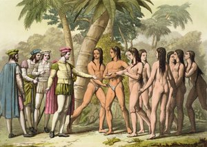 क्रिस्टोफर कोलंबस (1451-1506) हर्नांडो कोर्टेस (1485-1547) के साथ एक देशी अमेरिकी लड़की को उपहार के रूप में प्राप्त करना, &39;ले कॉस्टयूम एंसन एट मॉडर्न&39;, वॉल्यूम I, प्लेट 5, जूल्स फेरारियो द्वारा, c.182 प्रकाशित।